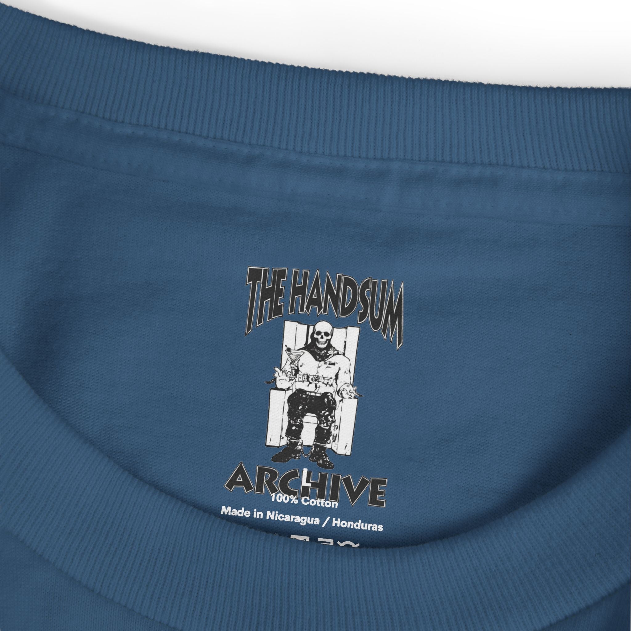 Marauders graphic tee in faded navy with "The Handsum Archive" print on neckline