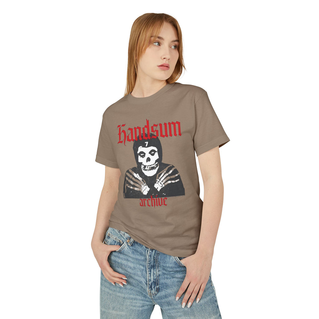 Brown Misfit tee on model with skull portrait graphic and red "archive" text