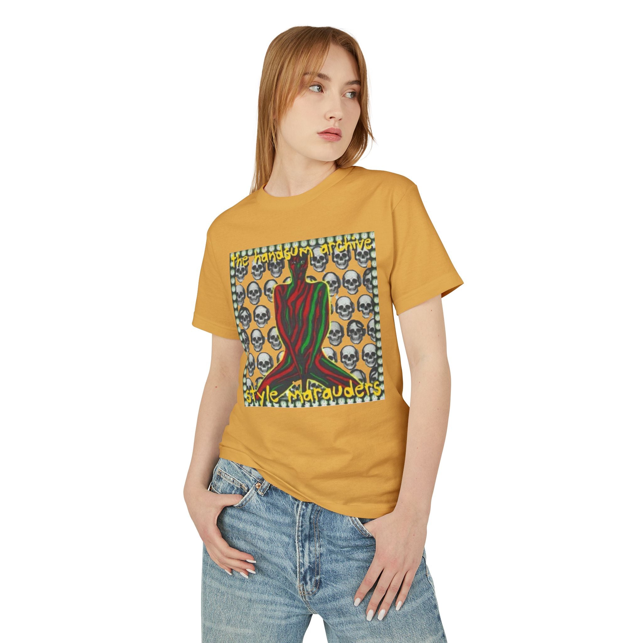 Marauders graphic tee in faded brown with colorful skull pattern and red hand front print