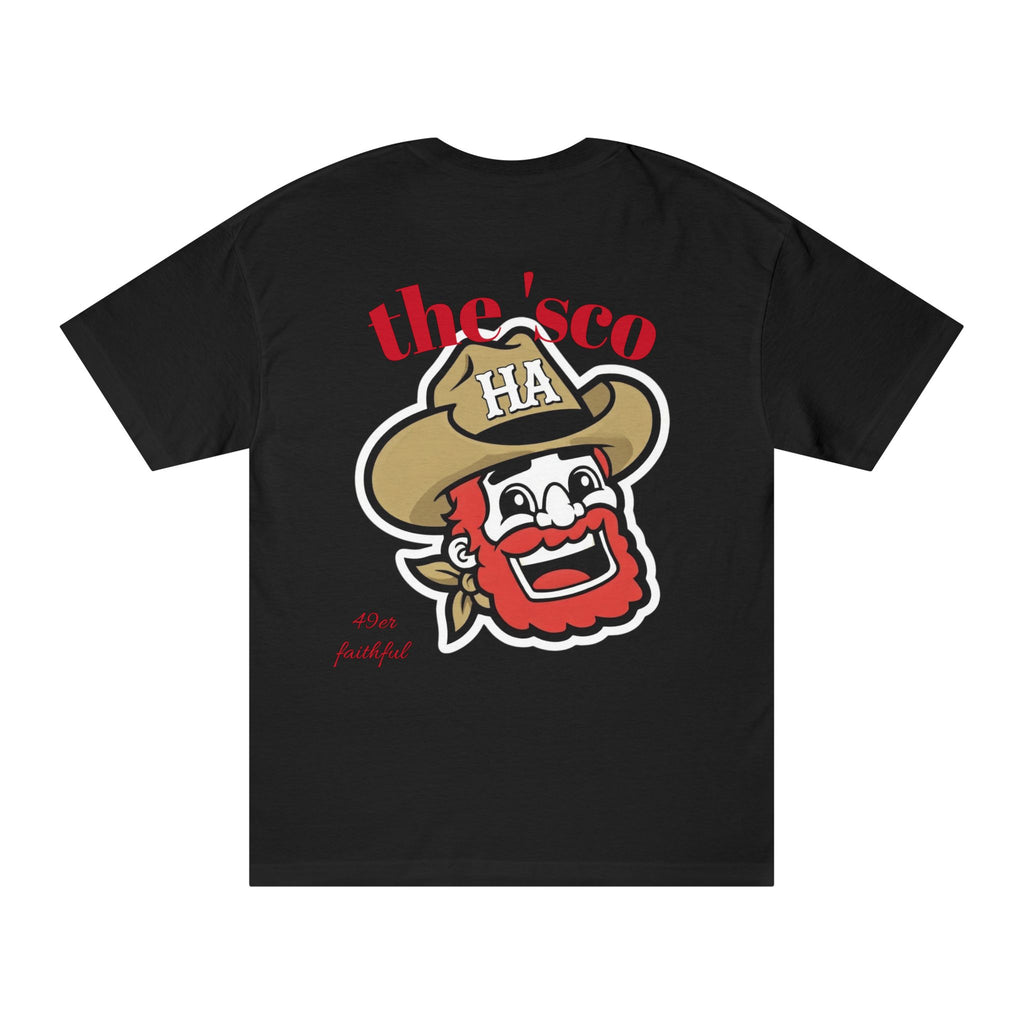 Black crewneck T-shirt with red "the'sco" text and cartoon mascot graphic on back