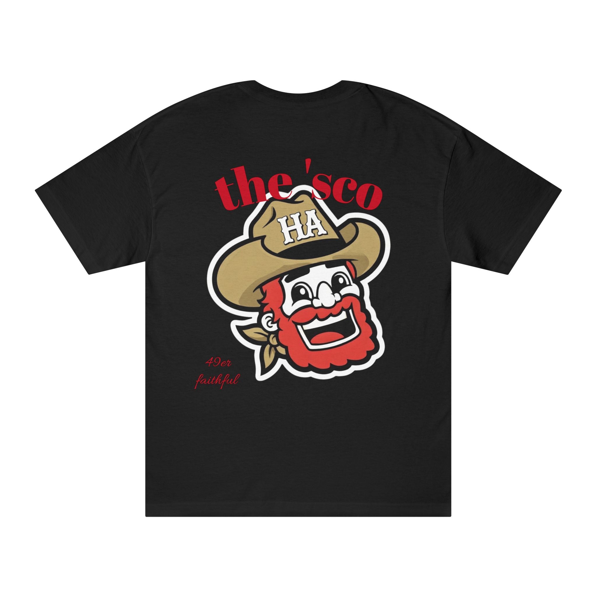 Black crewneck T-shirt with red "the'sco" text and cartoon mascot graphic on back