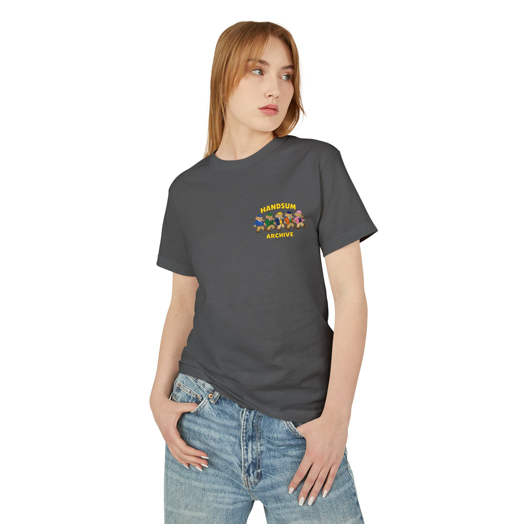 Dark gray cotton T-shirt with front chest graphic, crew neck on model