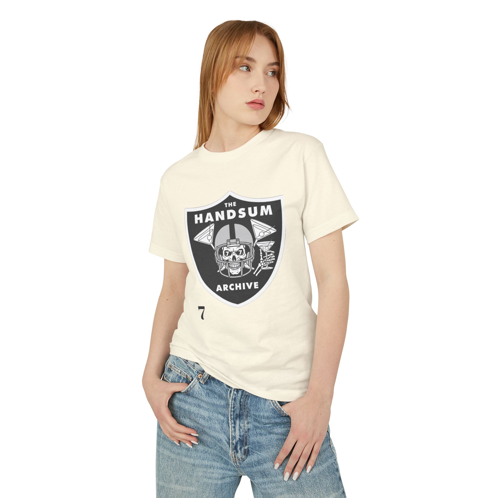Cream crewneck T-shirt with “Handsum Archive” shield graphic on the front