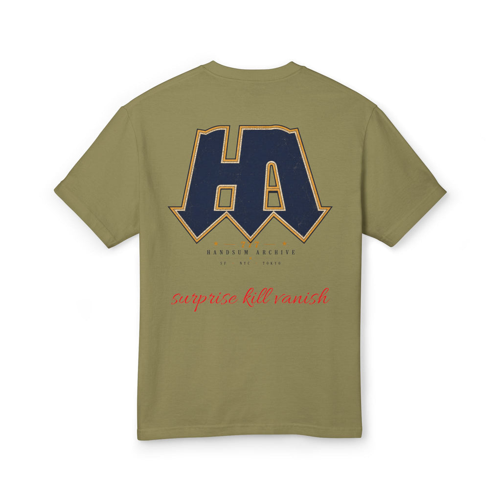 Olive crew-neck T-shirt with blue HA back print and red script text