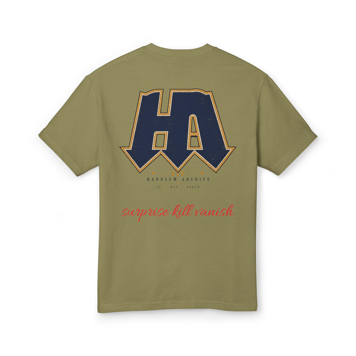 Olive crew-neck T-shirt with blue HA back print and red script text
