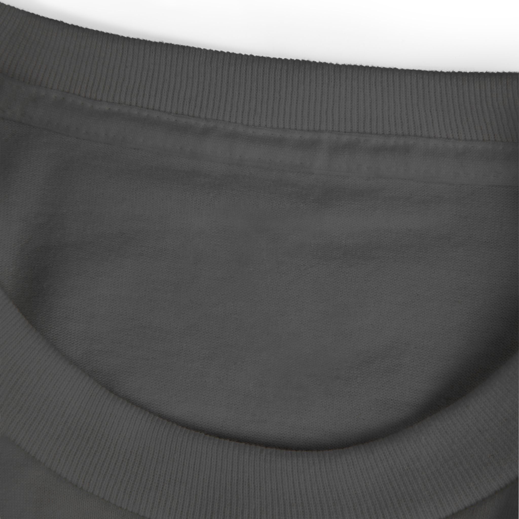 Charcoal crewneck teacher T-shirt fabric close-up with ribbed neckline