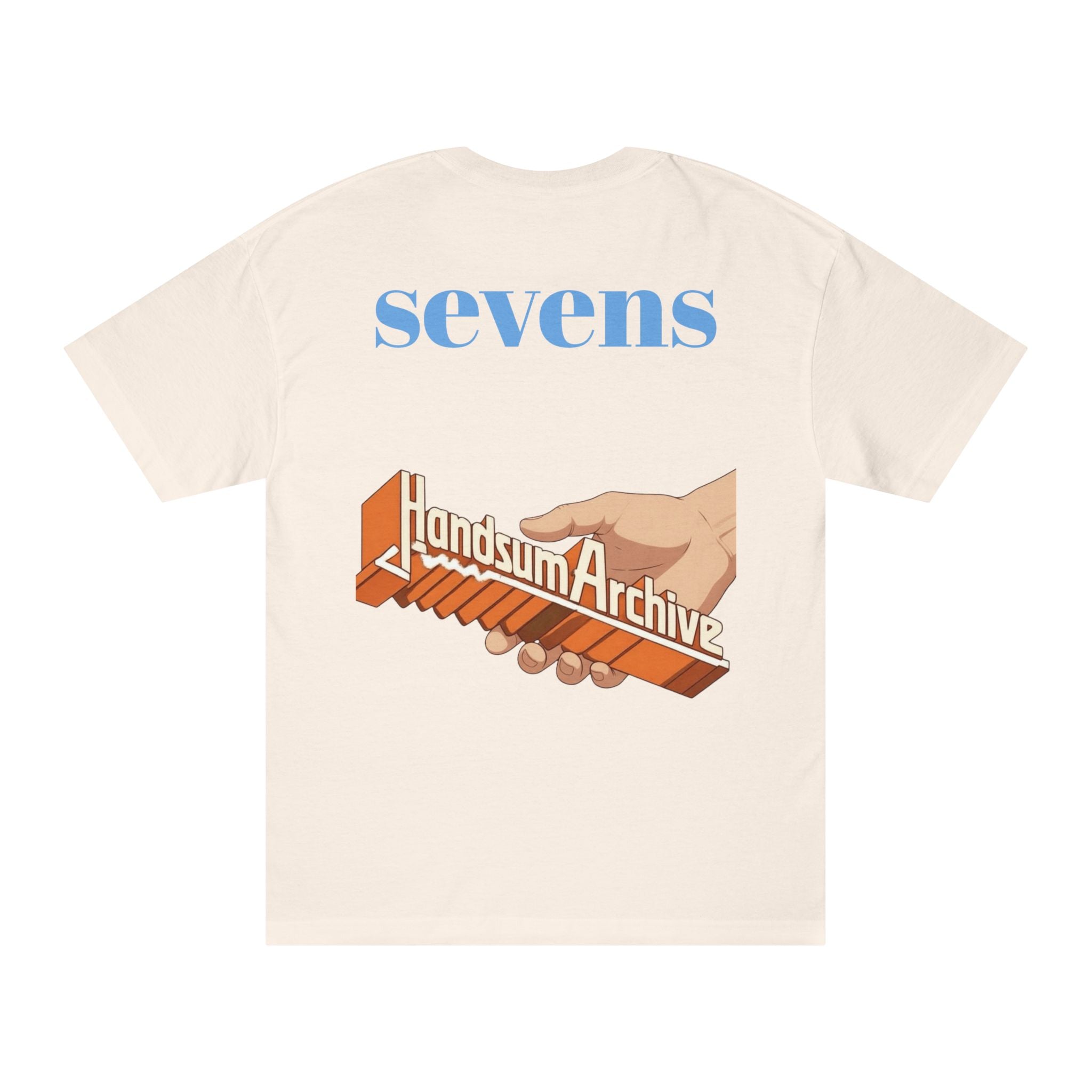 Light cream T-shirt with back print reading “sevens” and “landSumaArchiv” graphic