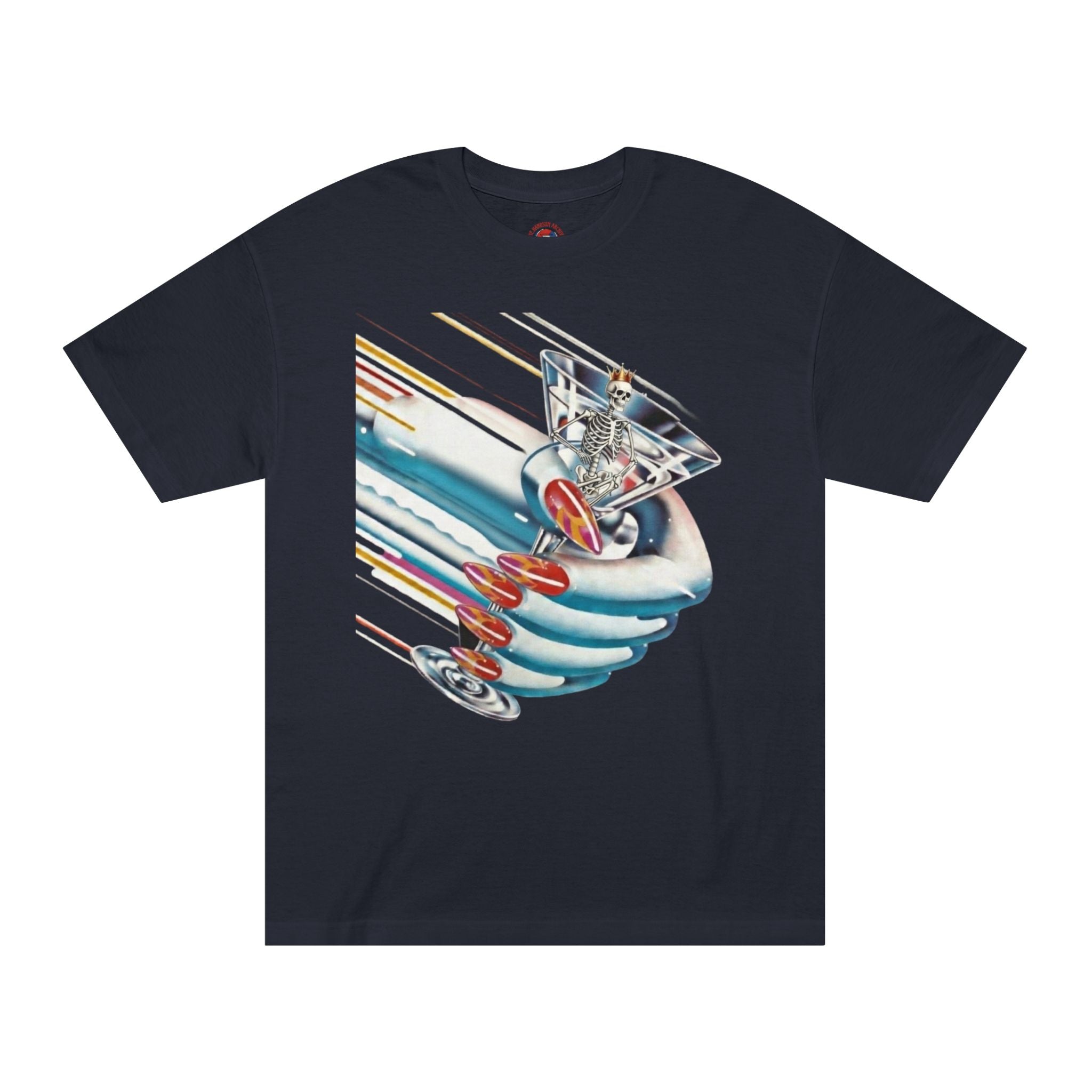 Dark Turbo Tee with colorful astronaut and rocket graphic on chest