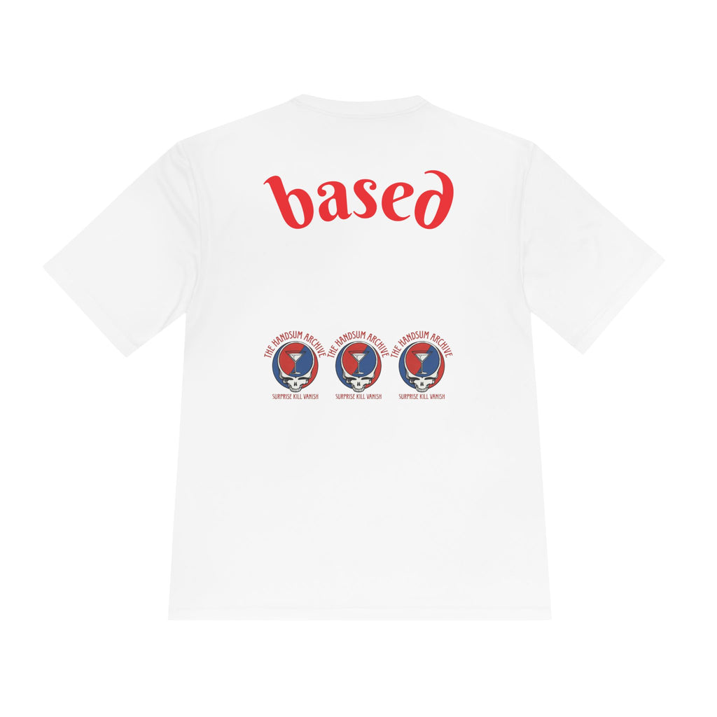 White moisture-wicking tee back with 'based' text and three logo icons.