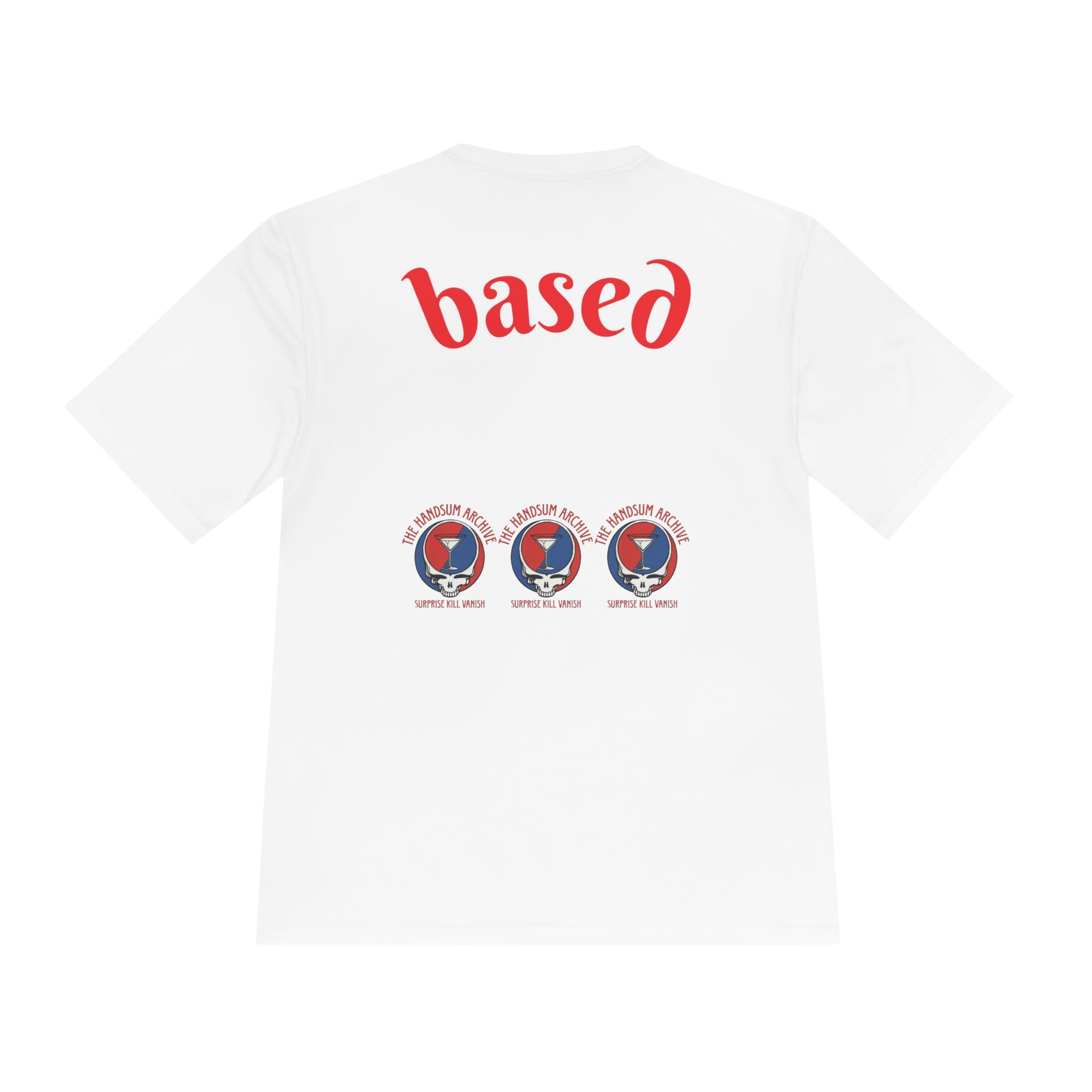 White moisture-wicking tee back with 'based' text and three logo icons.