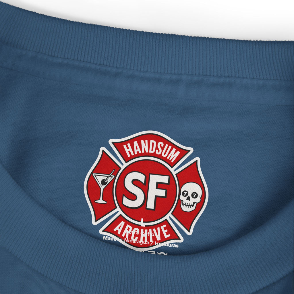Blue graphic T-shirt with chest logo emblem print