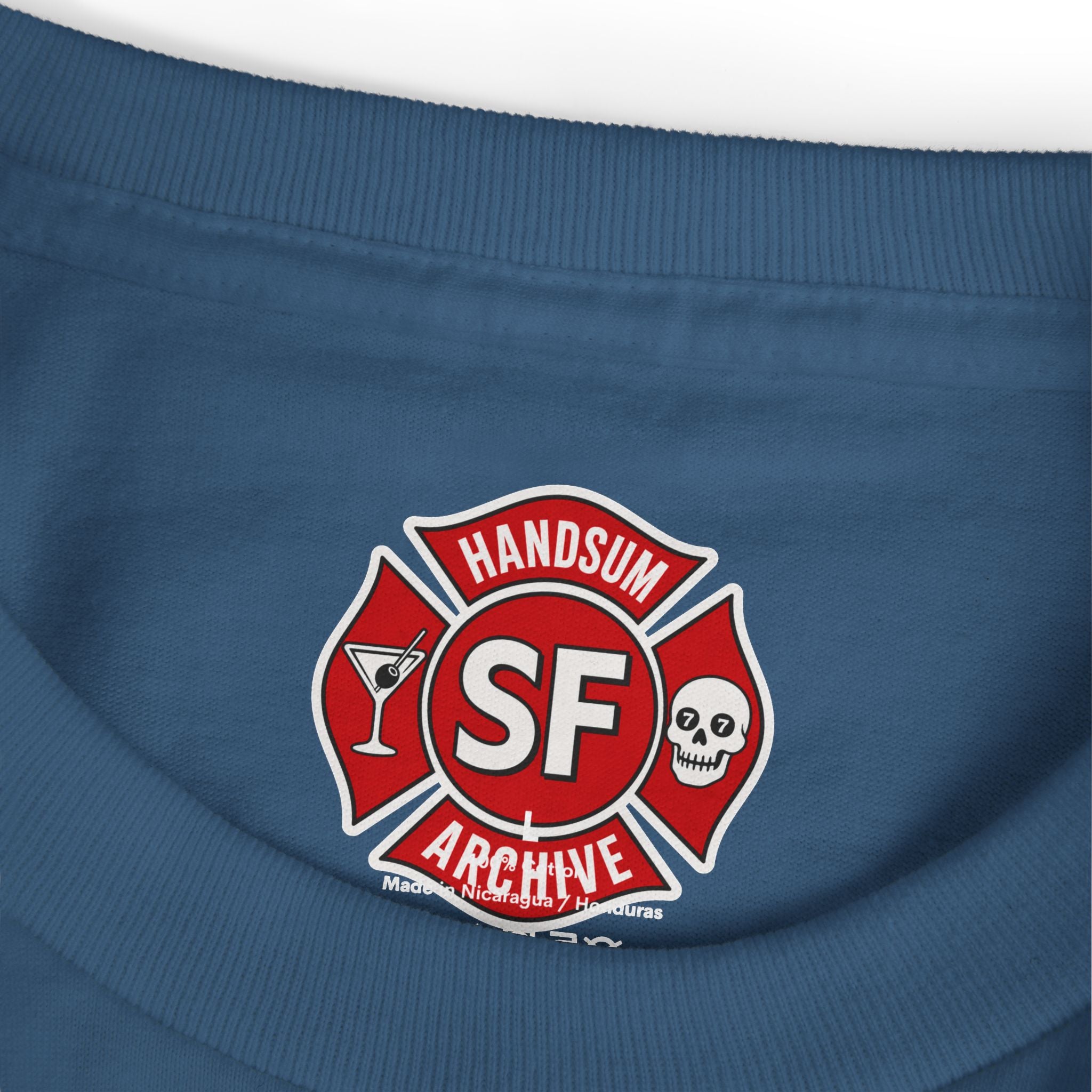 Blue graphic T-shirt with chest logo emblem print