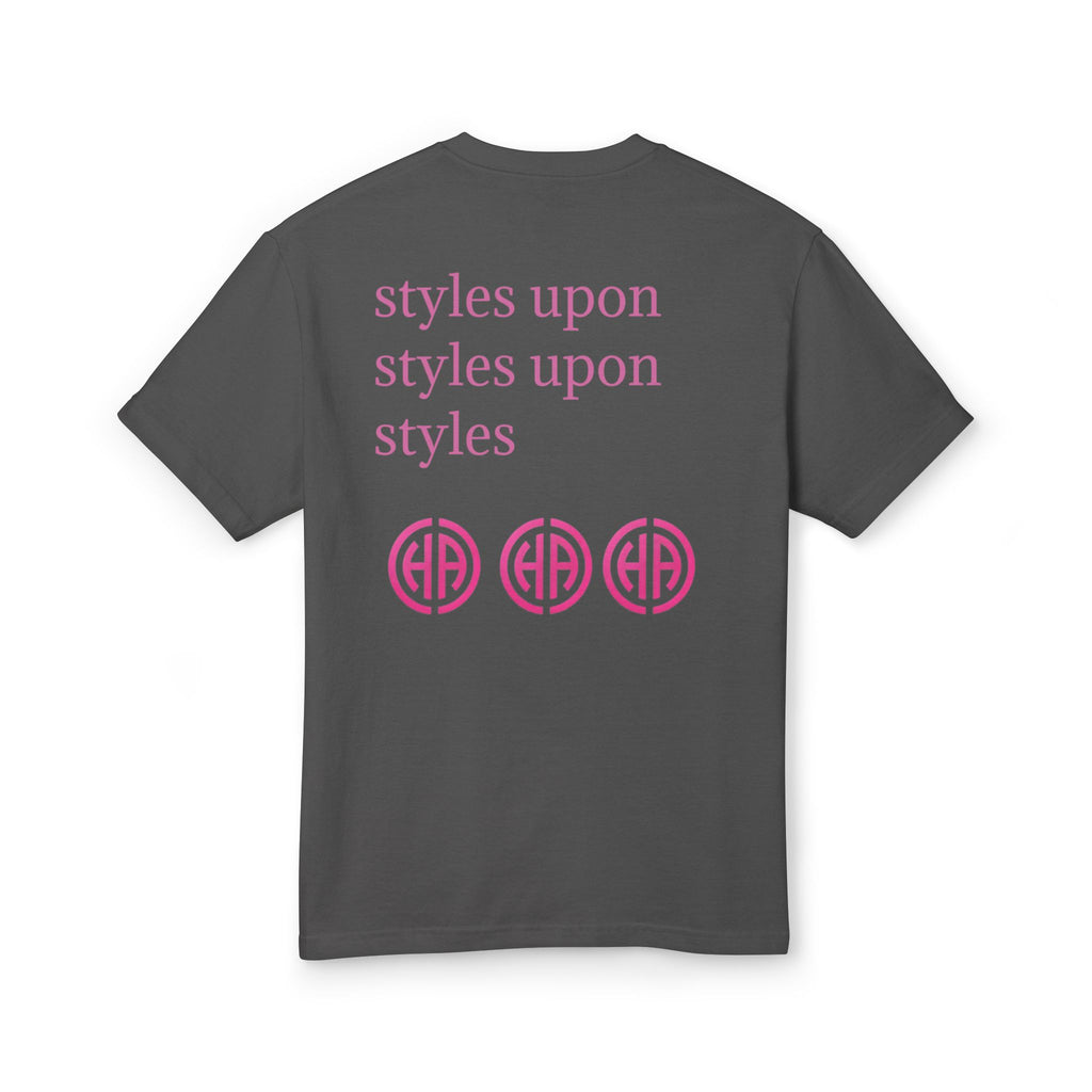 Charcoal crew neck T-shirt with pink back text and three circle monogram graphics
