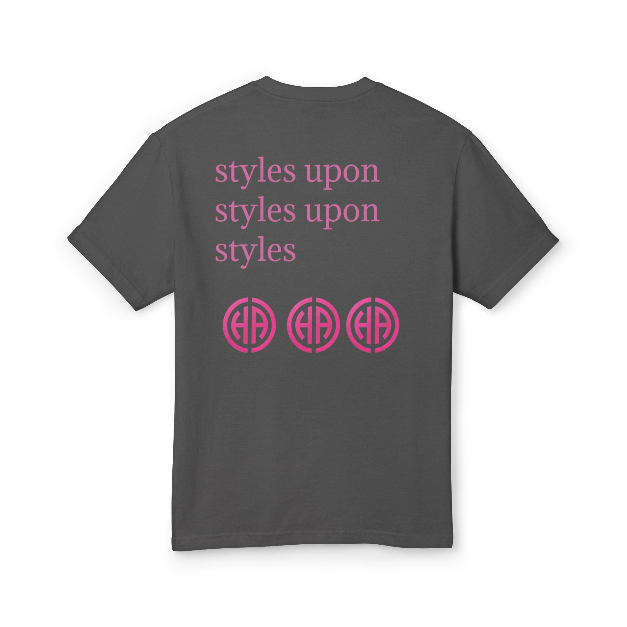 Charcoal crew neck T-shirt with pink back text and three circle monogram graphics