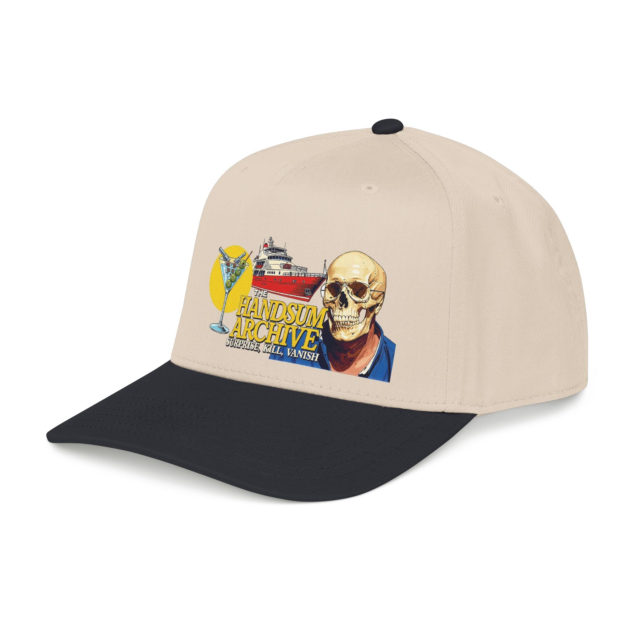 Beige baseball cap with skull graphic on the front and dark brim
