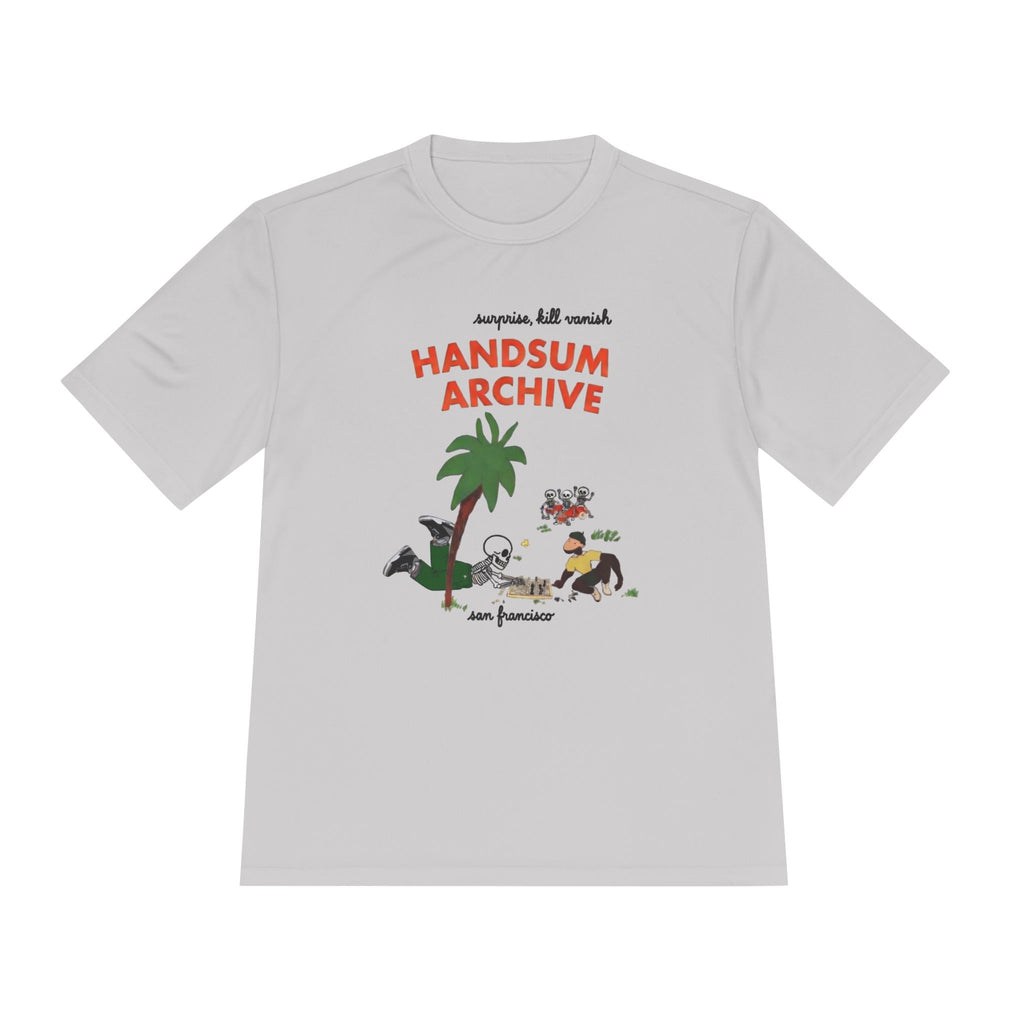 Silver moisture-wicking tee front with 'HANDSUN ARCHIVE' graphic and crew neck.