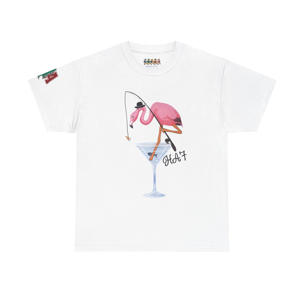 White T-shirt with central pink flamingo and martini glass printed design.
