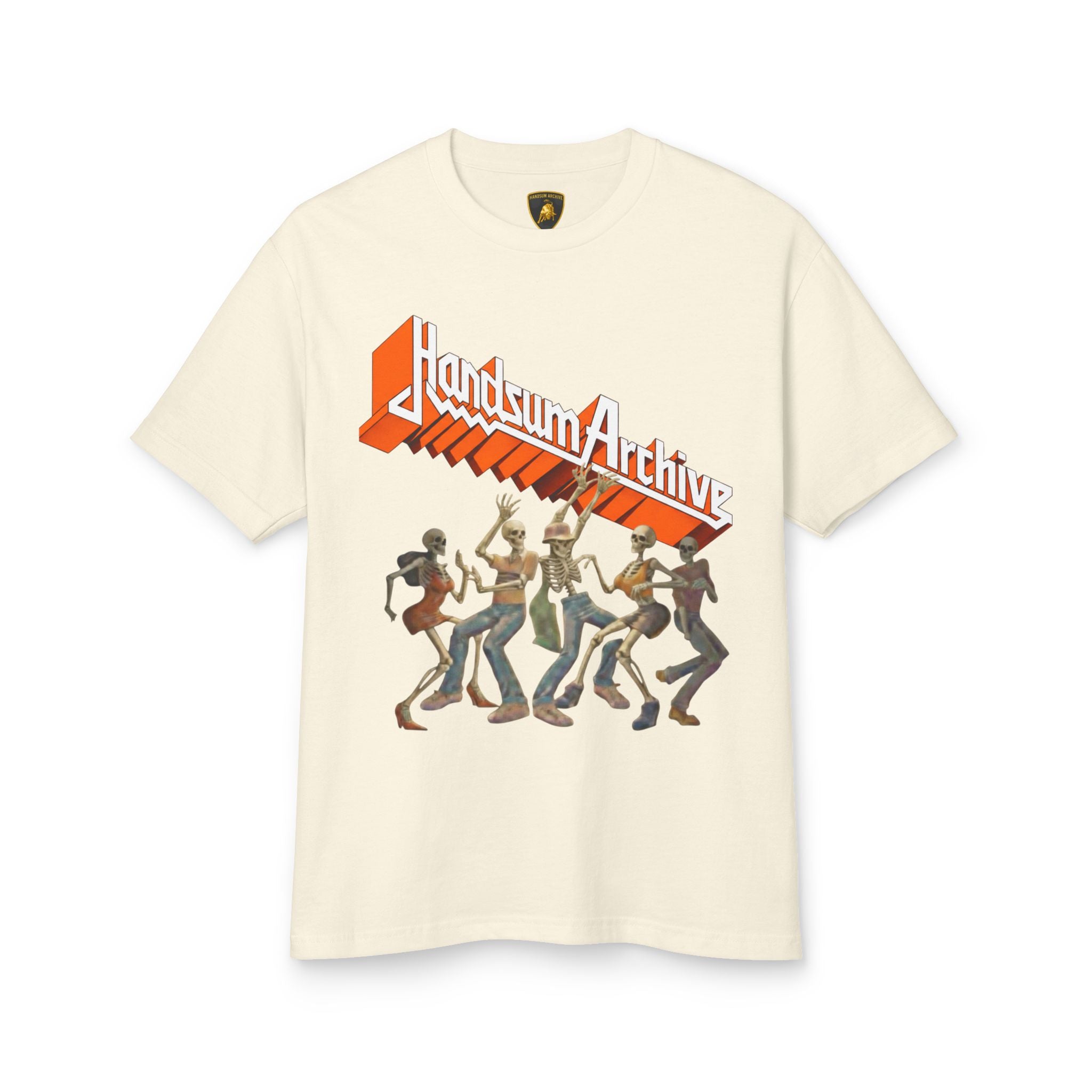 Faded cream graphic tee with front logo and character illustration