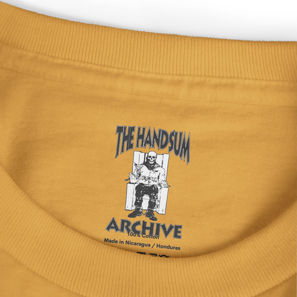 Marauders graphic tee in faded brown with "The Handsum Archive" print on neckline