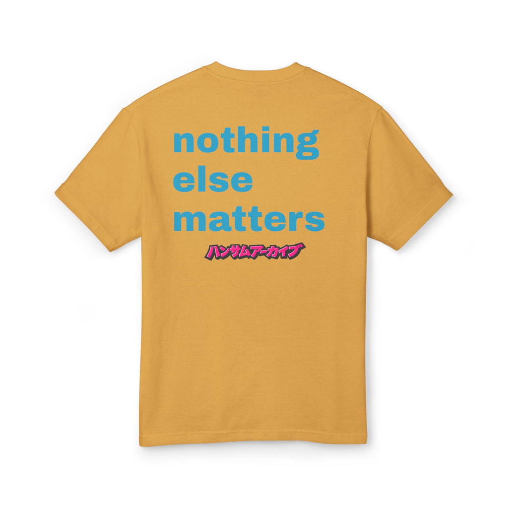 Cotton T-shirt, mustard back print reading 'nothing else matters' with Japanese text