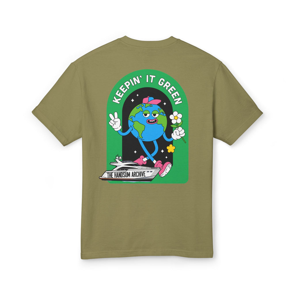 Olive unisex graphic tee with back 'Keepin' It Green' globe cartoon print