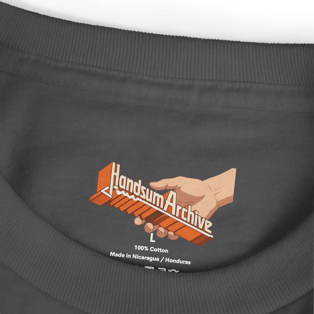 Dark t-shirt collar detail with 'Handsum Archive' logo and '100% Cotton' text
