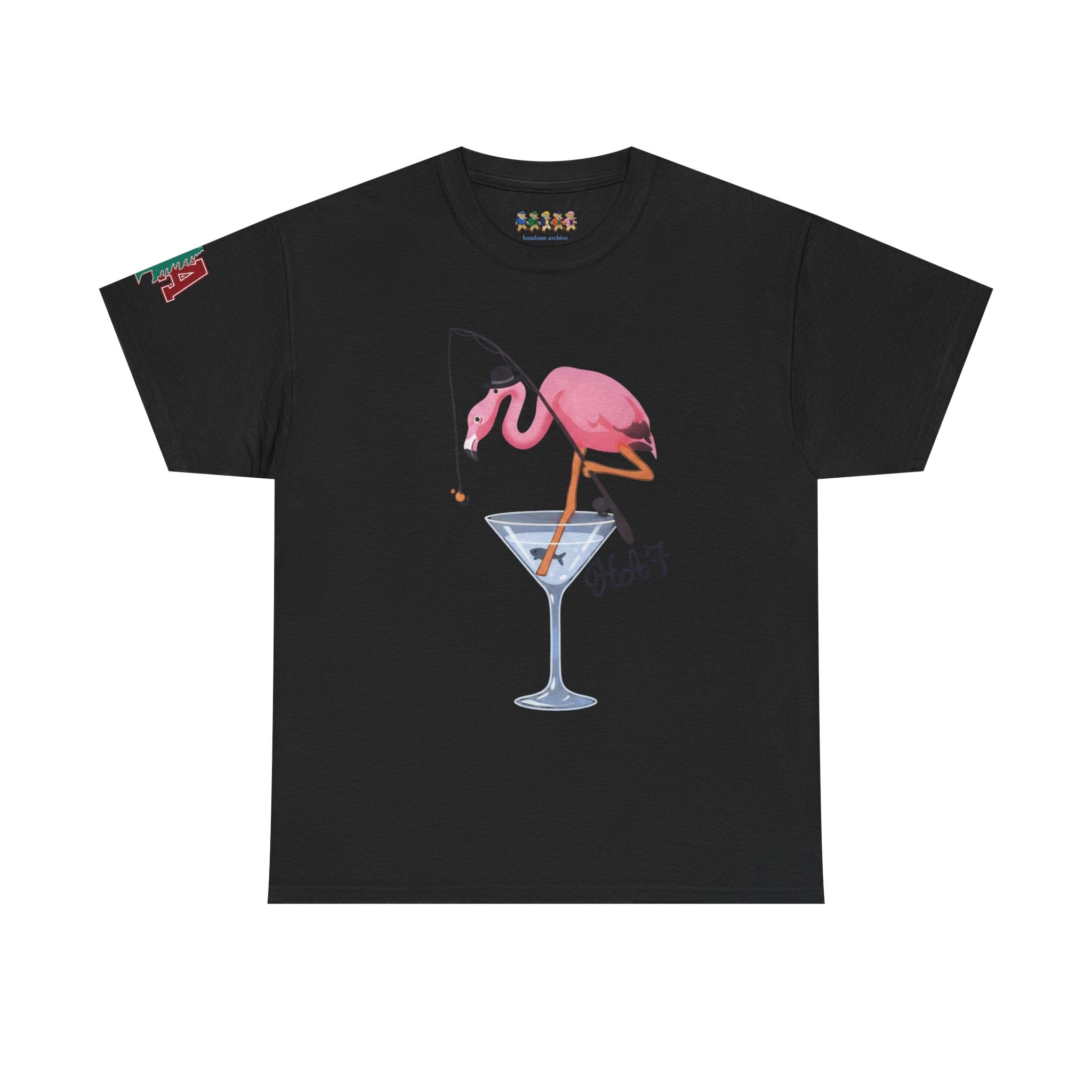Black T-shirt with pink flamingo standing over a martini glass graphic.