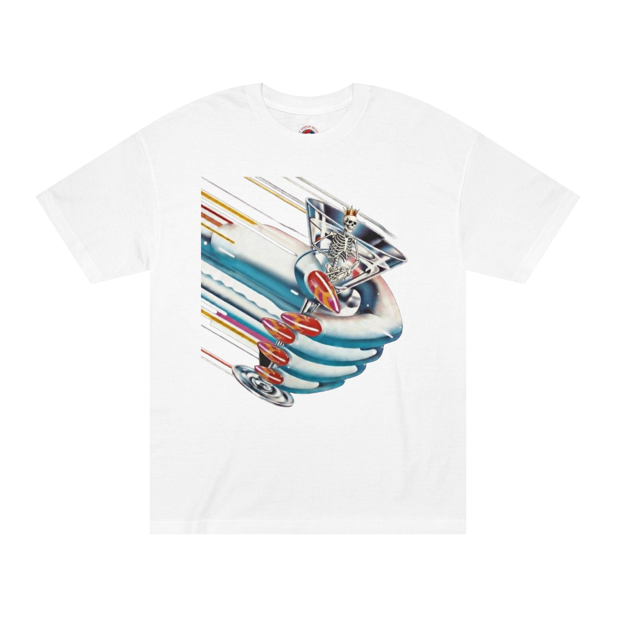 White Turbo Tee with colorful astronaut and rocket graphic on chest