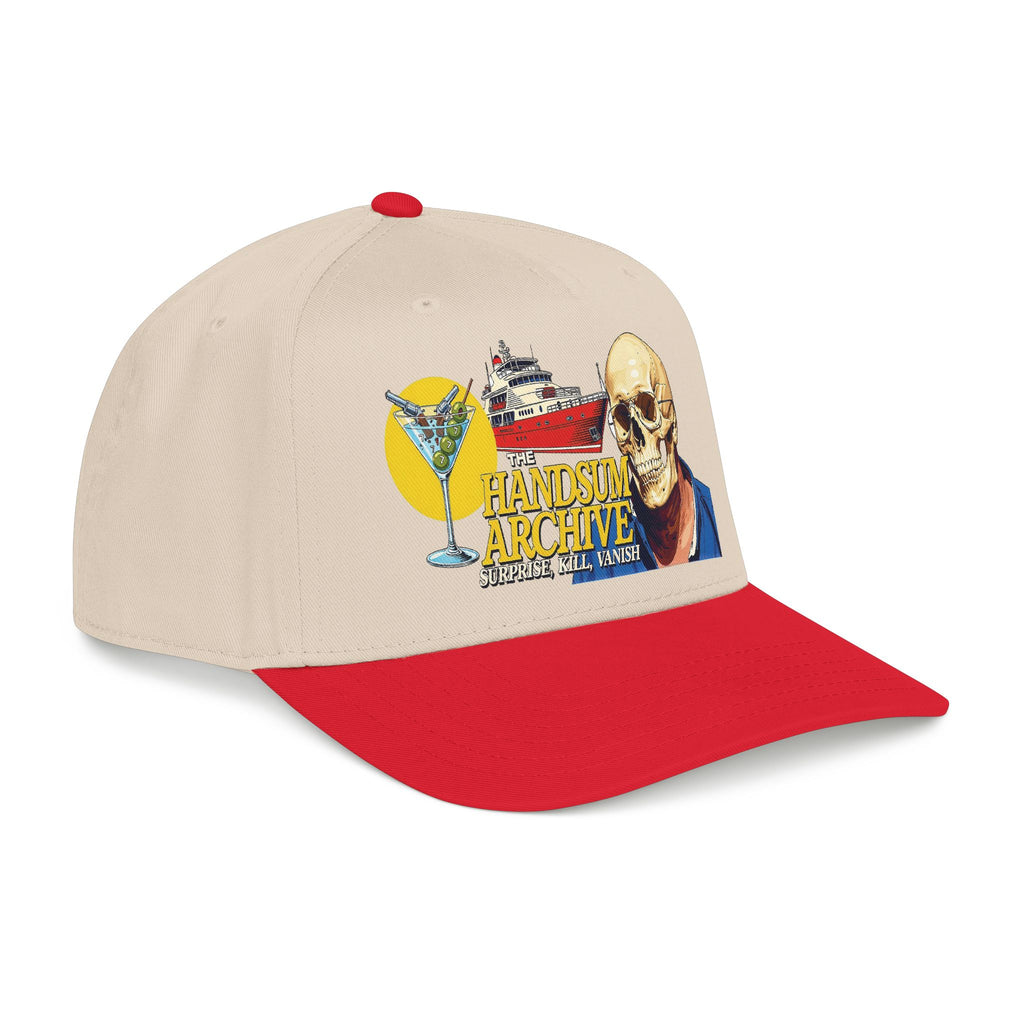 Beige baseball cap with skull graphic on the front and red brim