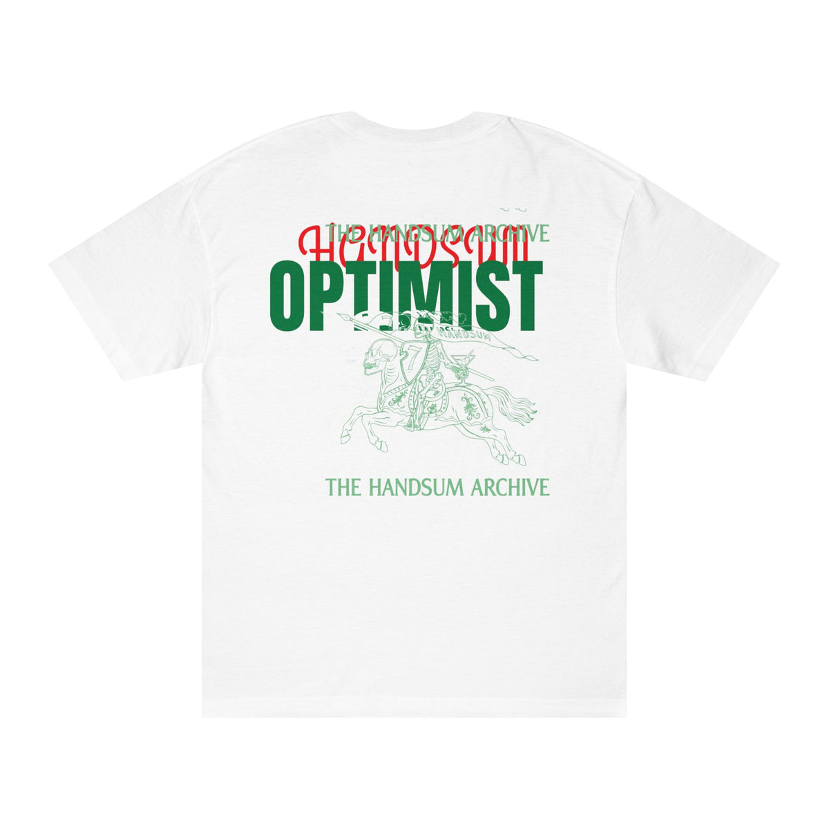 White T-shirt back print: OPTIMIST text above a green horse illustration.