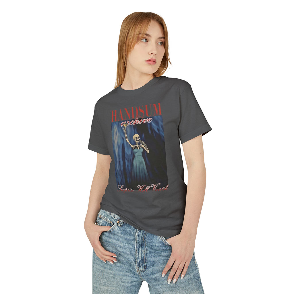 Dark gray graphic T-shirt with chest print worn by model