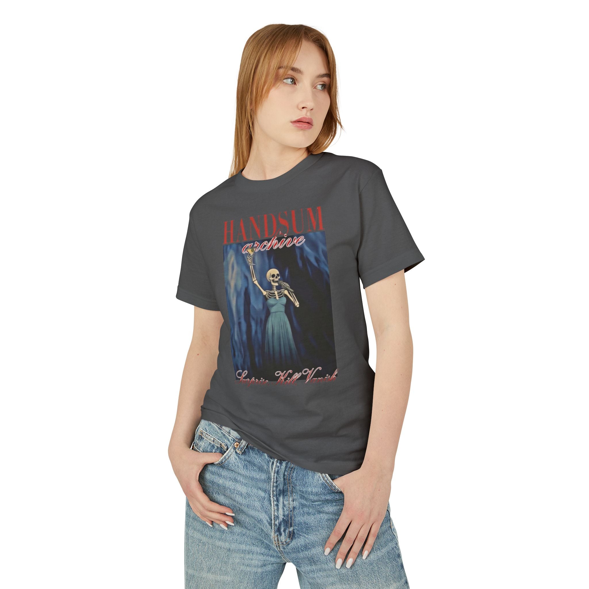 Dark gray graphic T-shirt with chest print worn by model