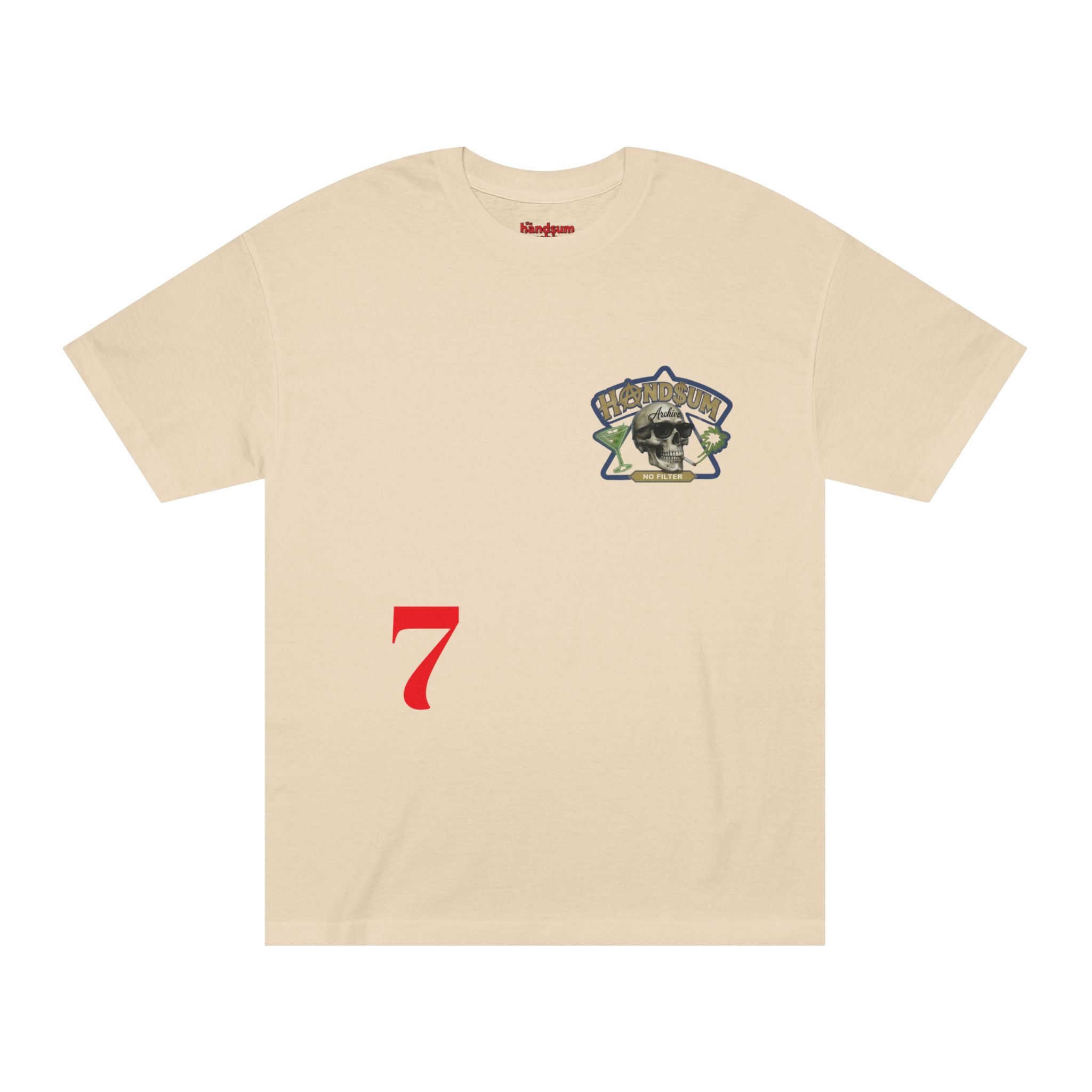 Beige graphic T-shirt with motorcycle skull patch logo and red number 7 on front