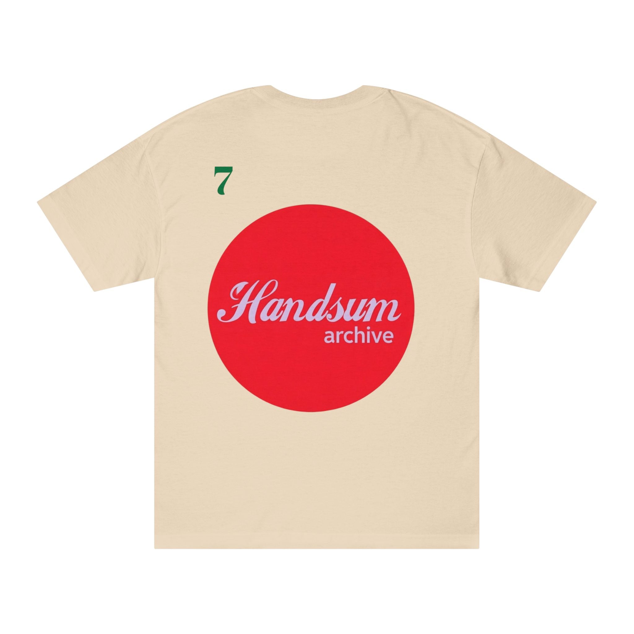 Beige tee with large red circle logo and Handsum archive text