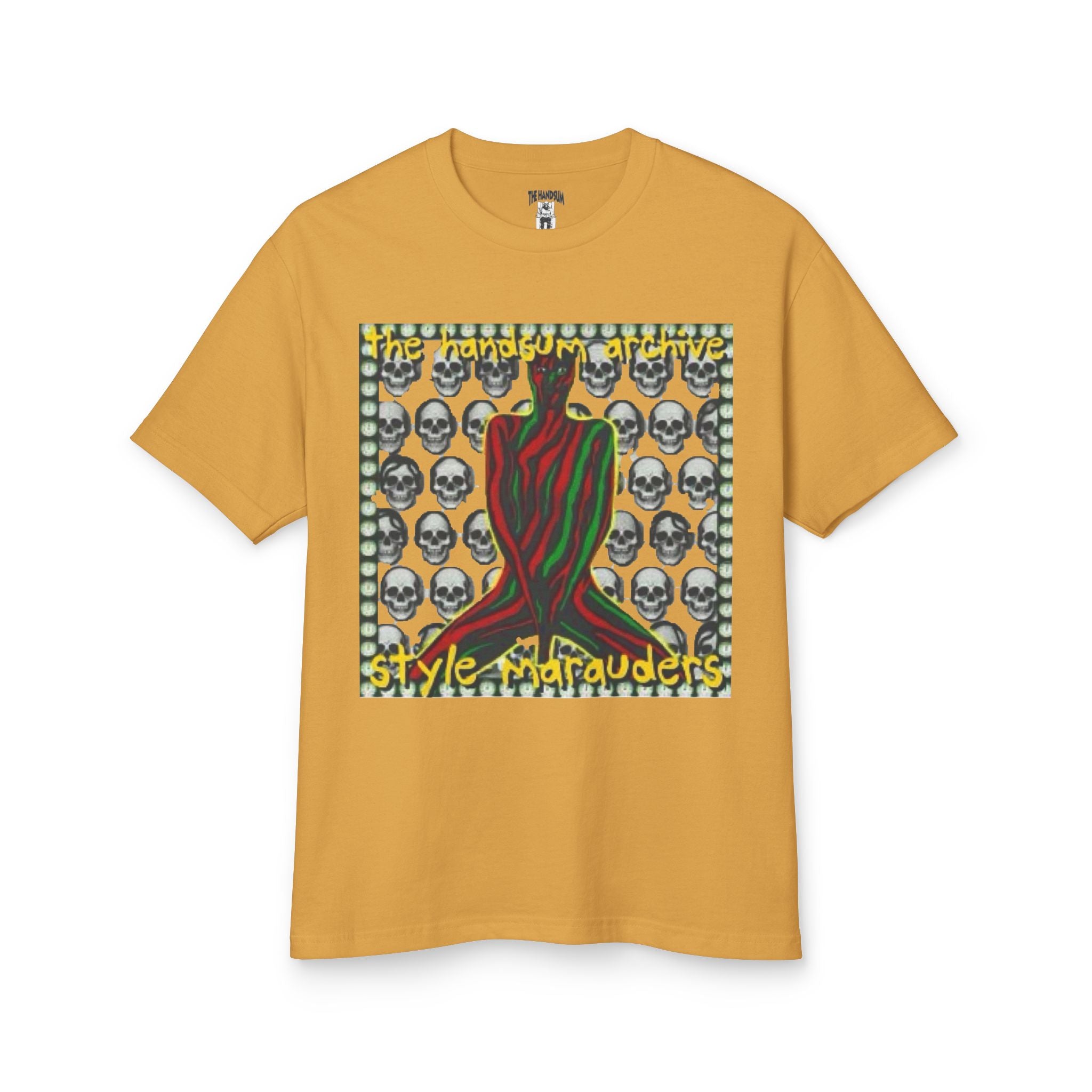 Faded brown T-shirt with square front graphic featuring skulls and red-striped figure