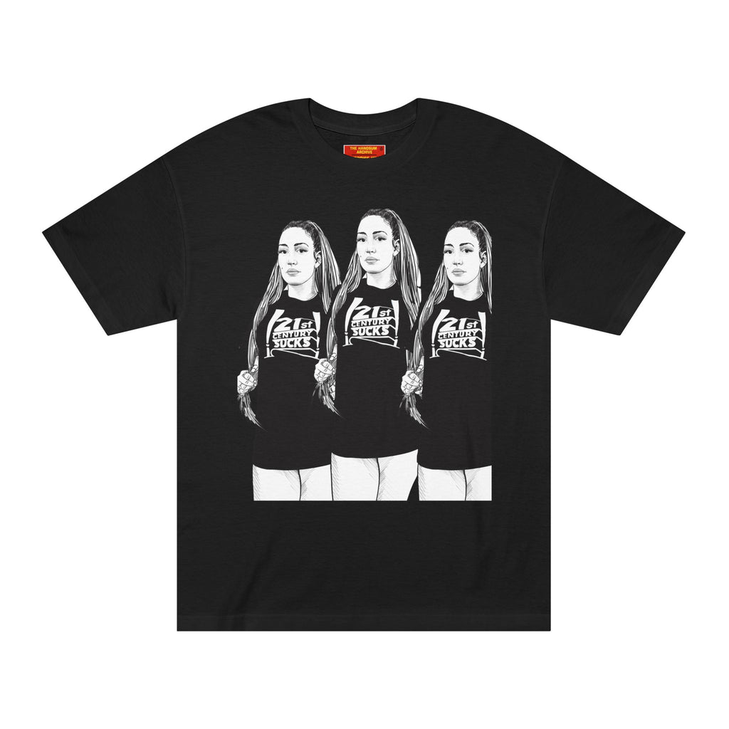 Black T-shirt front print of three women standing side by side, black tops and white pants.