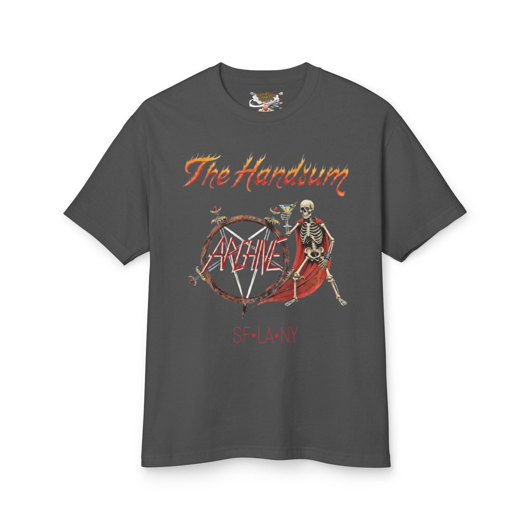 Charcoal crewneck Slayer Generational tee with skeleton bicycle graphic on front