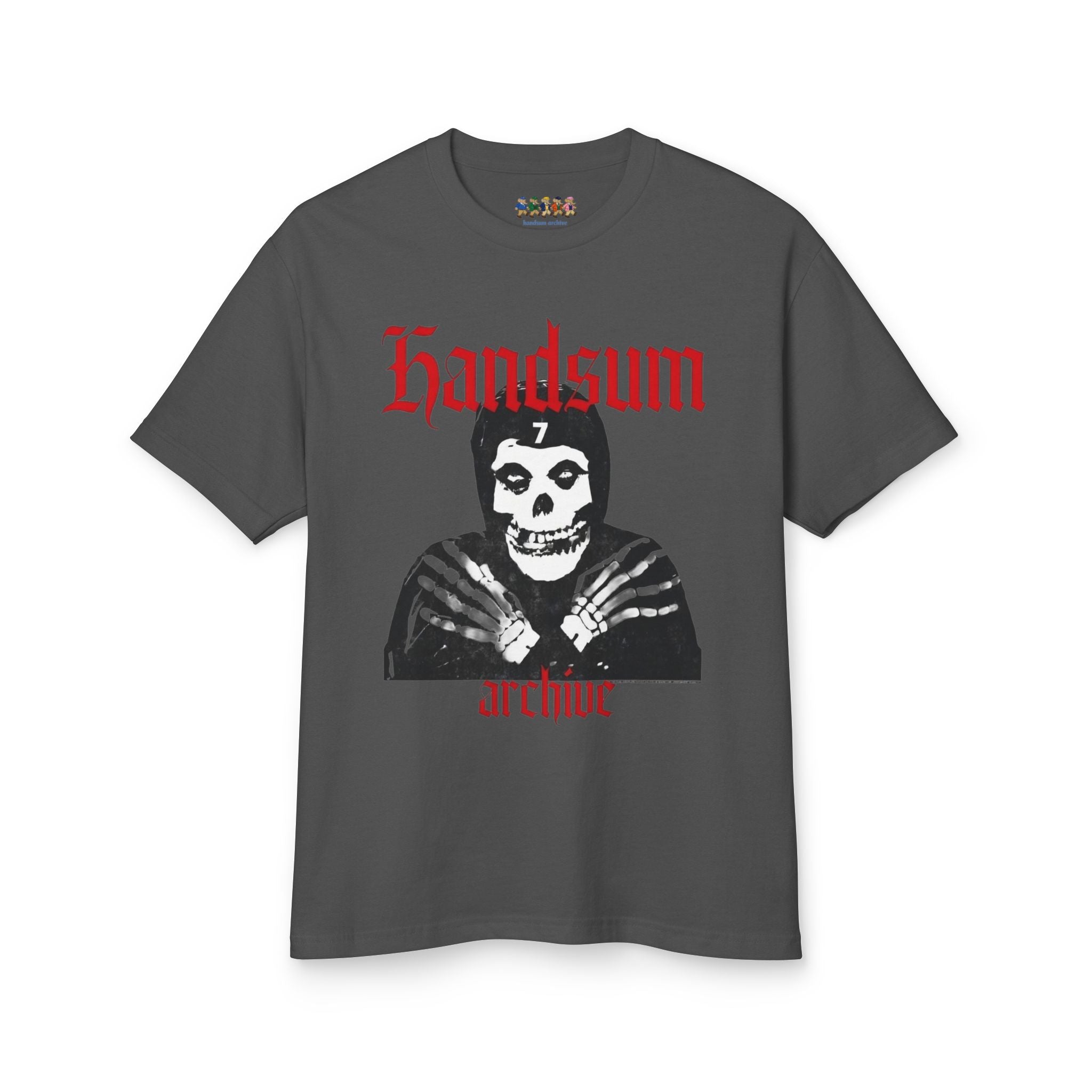 Charcoal Misfit tee with skull portrait graphic and red "archive" lettering