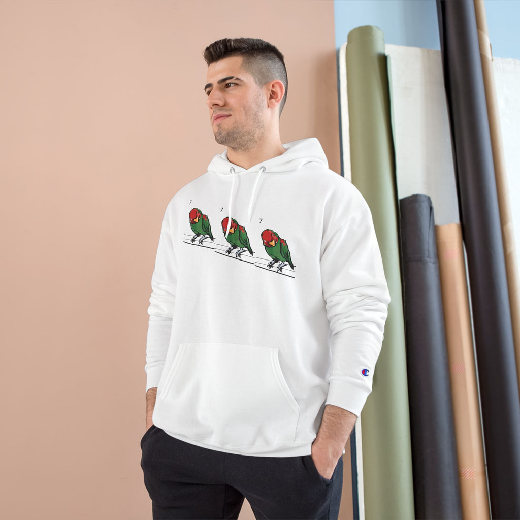 White pullover hoodie with bird lineup graphic on chest and Champion-style sleeve logo.