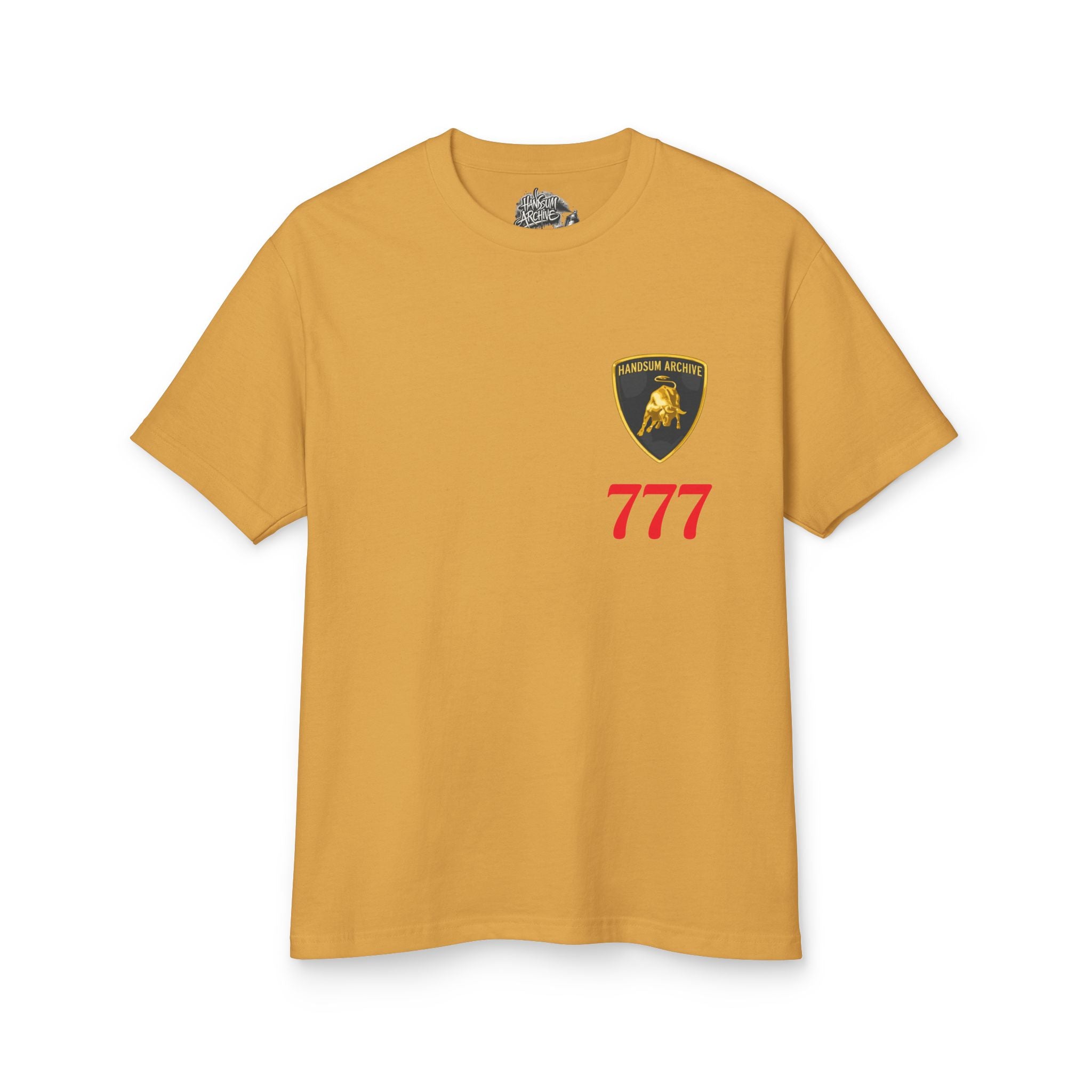 Mustard crewneck T-shirt with shield logo and red 777 on front
