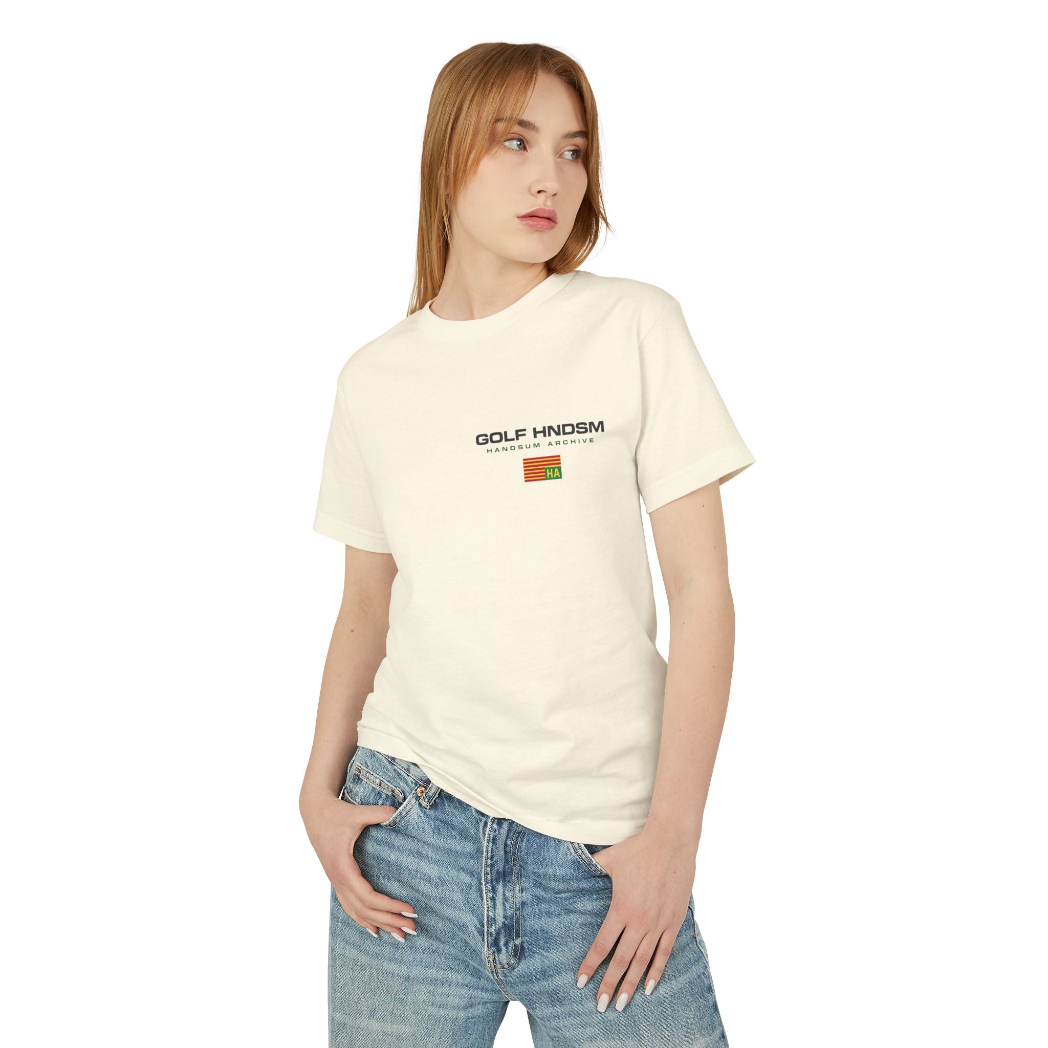 Cream crew-neck tee worn by model with small chest logo