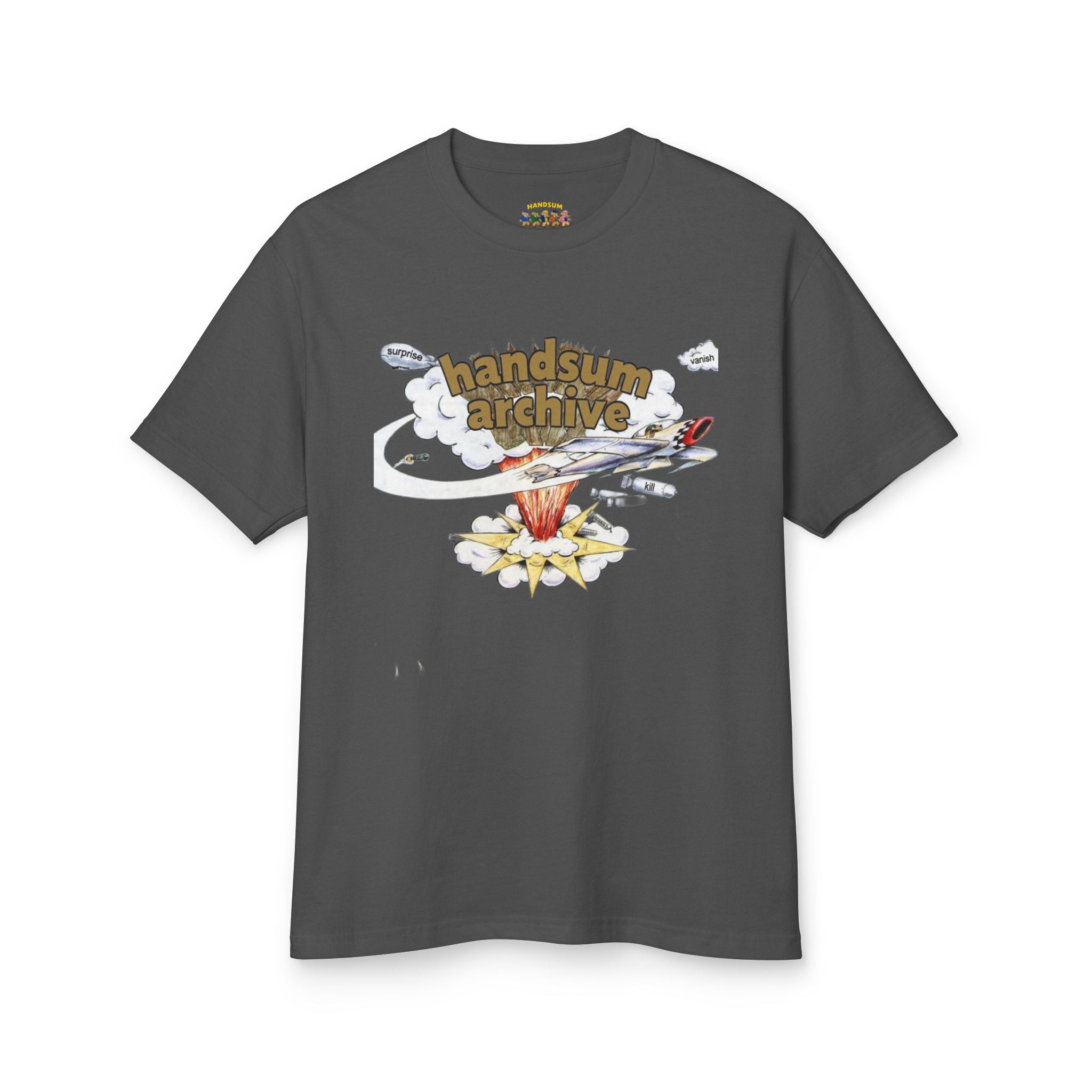 Dark gray graphic tee with handsum archive artwork on the front