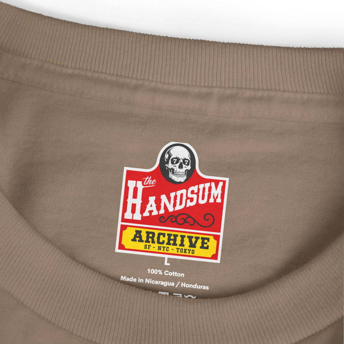 Faded brown crewneck T-shirt with interior neck label, 100% cotton