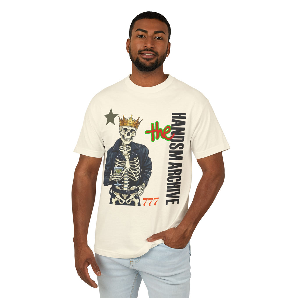 Cream graphic T-shirt with skeleton king crown and Handsmarchive logo