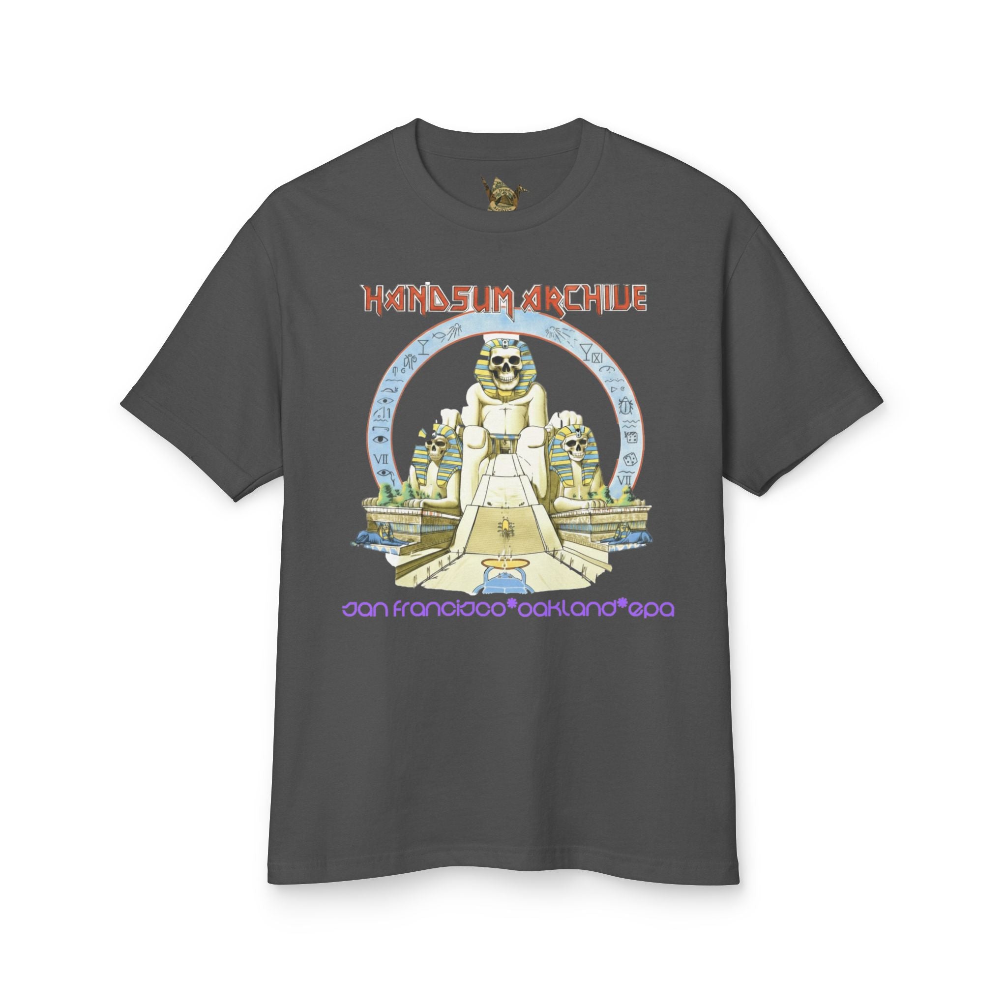 Faded black Pharaoh graphic T-shirt with central illustrated figure on the front