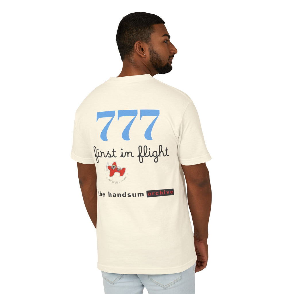 First in Flight tee back view in faded cream with 777 and handsum archive text