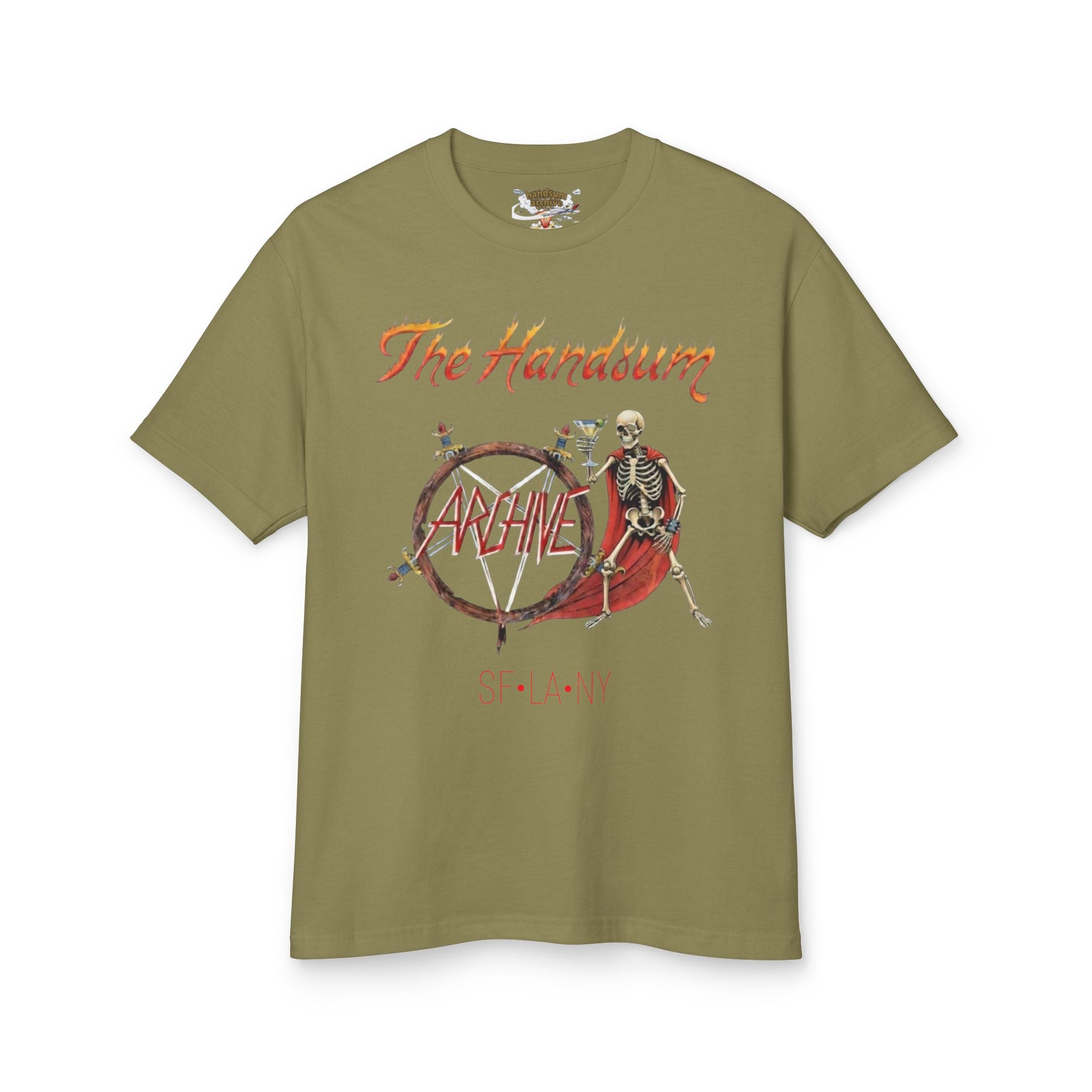 Olive crewneck Slayer Generational tee with skeleton bicycle graphic on front