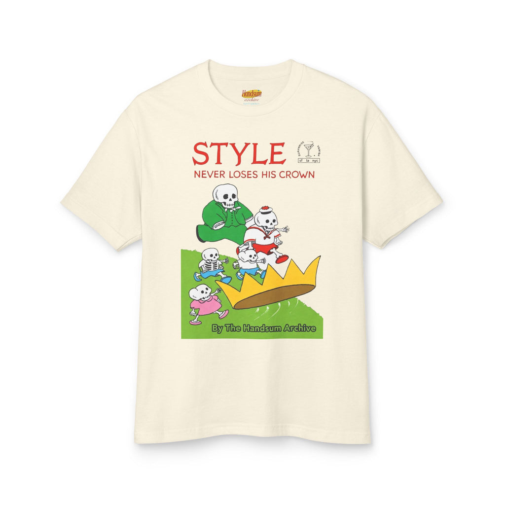 Faded cream crew-neck T-shirt with 'STYLE Never Loses His Crown' cartoon graphic