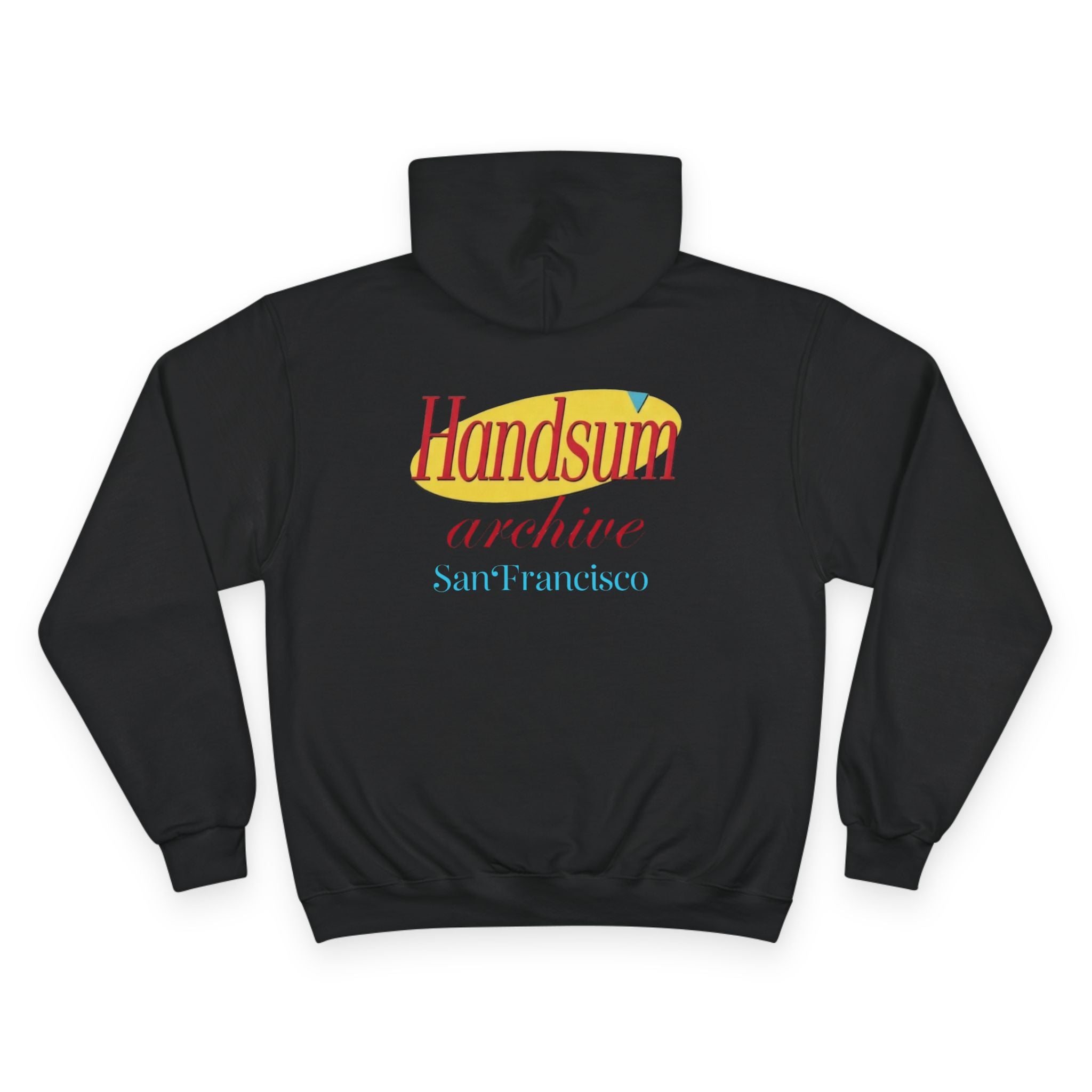 Black hoodie with front Handsum architecure graphic and hood drawstring