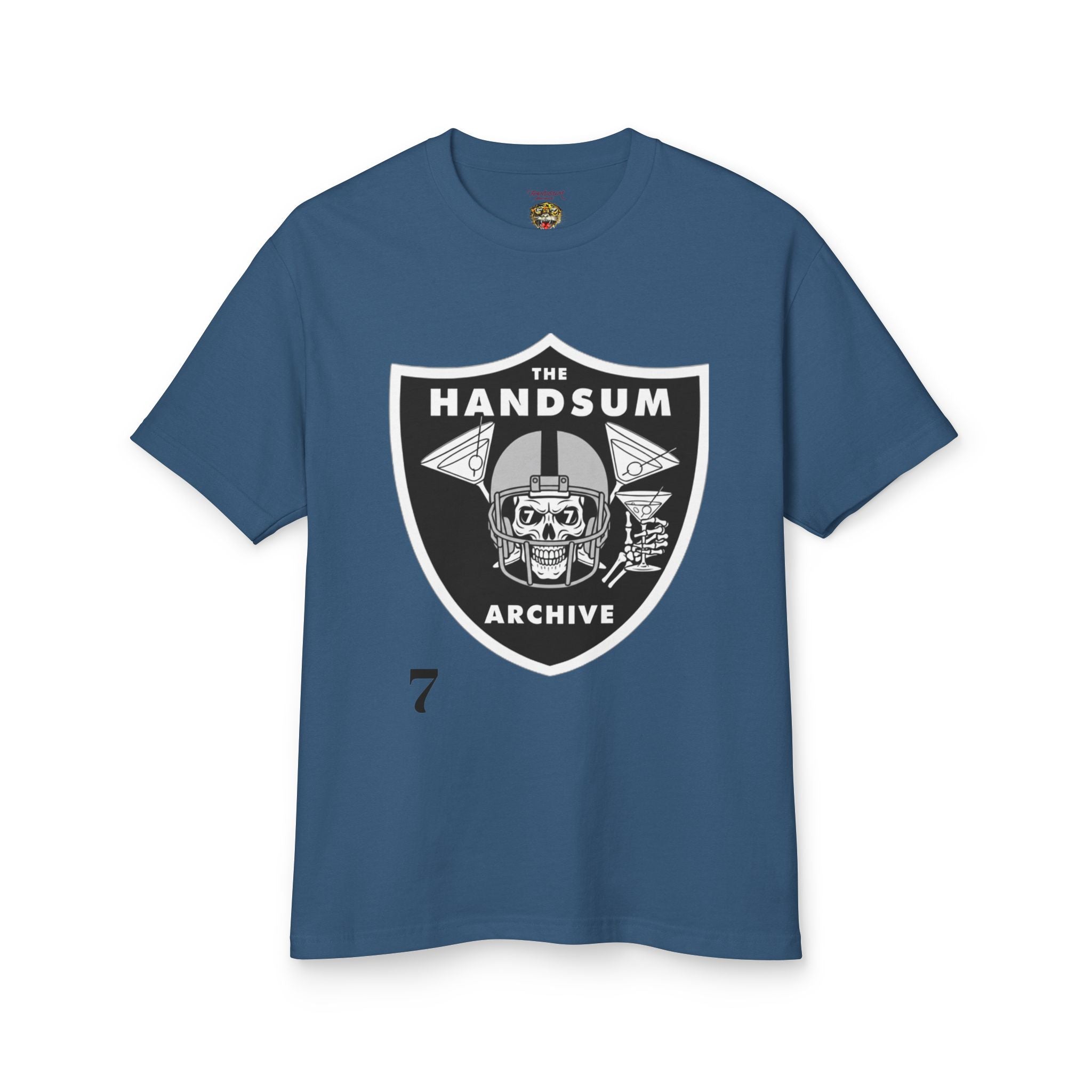 Faded navy crewneck T-shirt with “Handsum Archive” shield logo and small “7”